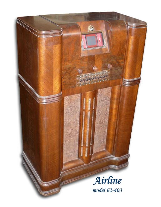 Airline Radio model 62-403, large 13 tube wood console with movie dial