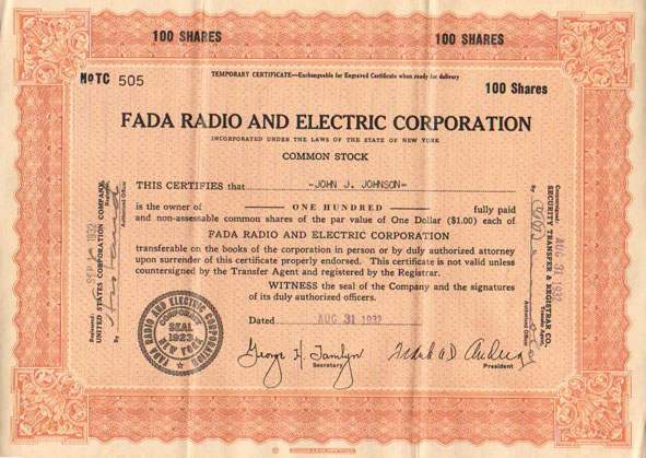 1932 FADA Radio stock certificate