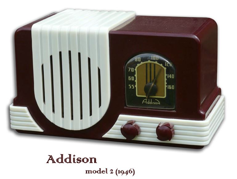 Canadian Addison Radio model 2 Waterfall, Burgundy with white trim cabinet