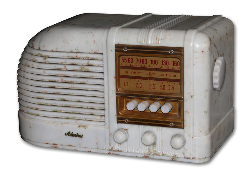 Admiral Radio model 398-6M with beetle cabinet and pushbuttons, brass escutcheon, slide rule dial
