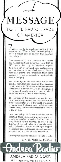 Andrea Radio January 1938 Radio Retailing advertisement