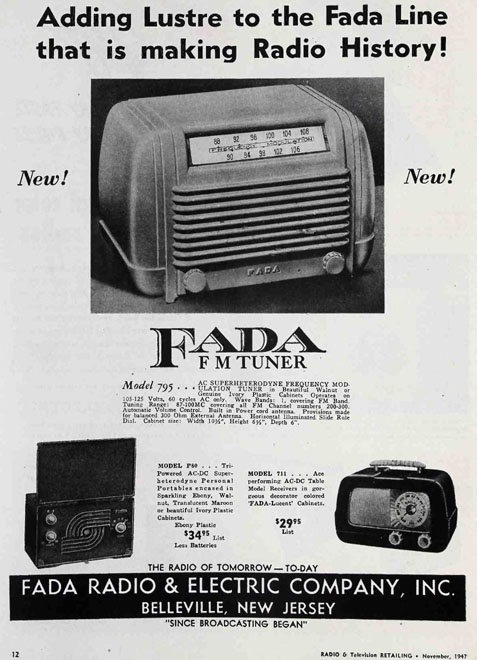 FADA catalin model 711 and 795 FM-only model 1947 ad