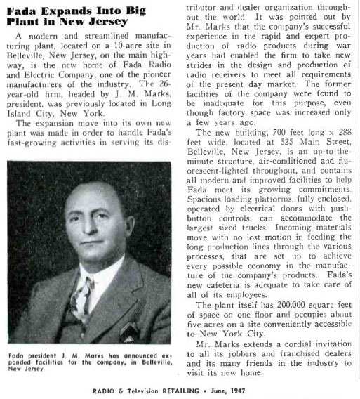 1947 Fada article re NJ move Radio Retailing