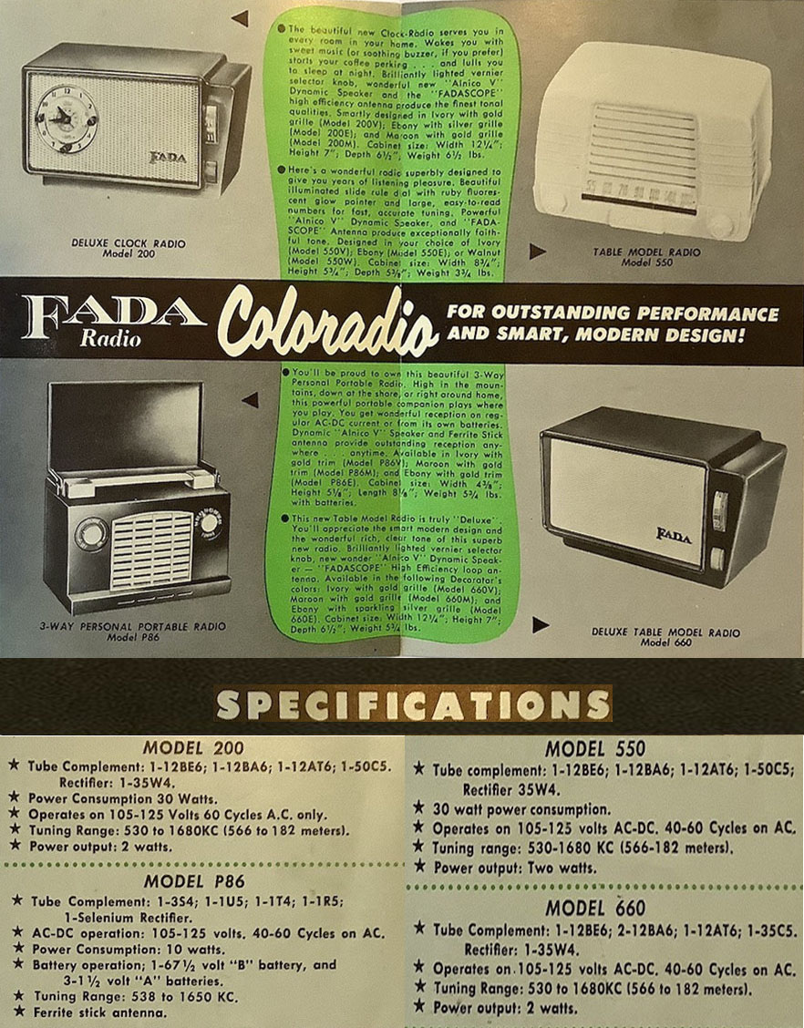 Fada Radio model 200, 550, 660, P86 brochure