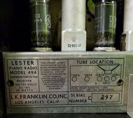 Lester Piano Radio 494 label