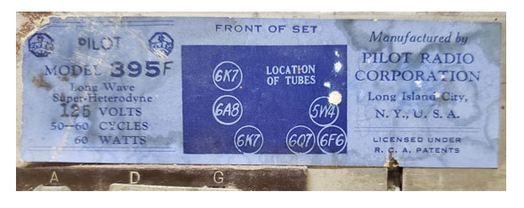 Pilot Radio model 395 label