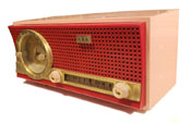 Travler clock radio, red and pink, late 50s
